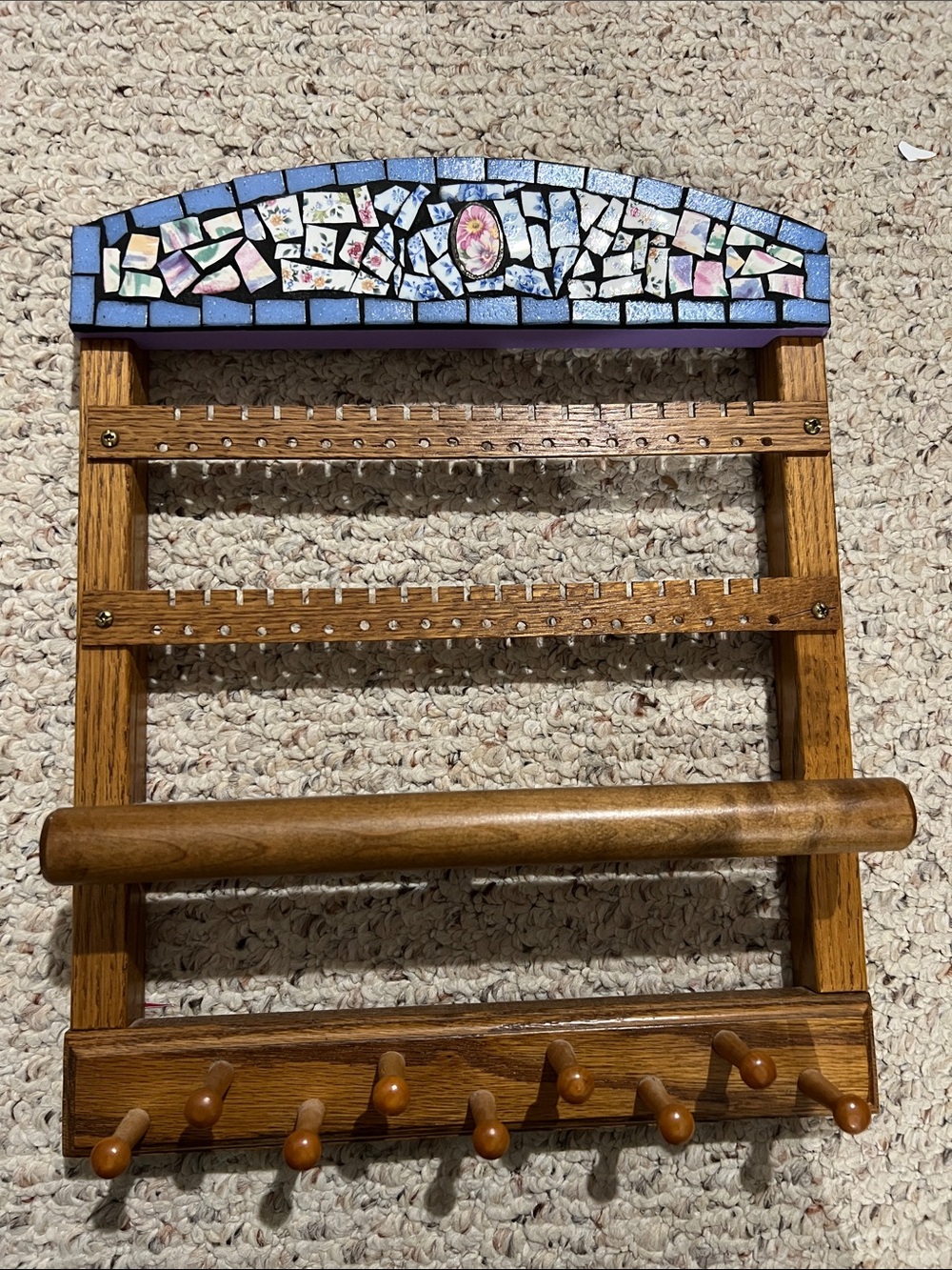 Handcrafted Mosaic Wooden Wall Rack with Pegs jewelry holder pierced earrings